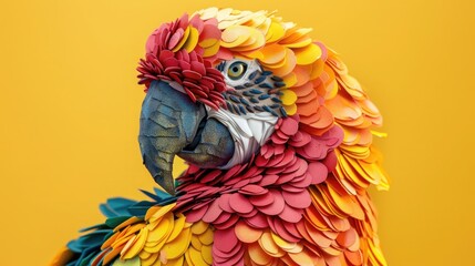 A colorful parrot created using dried papaya and sunflower seeds against a bright yellow base.