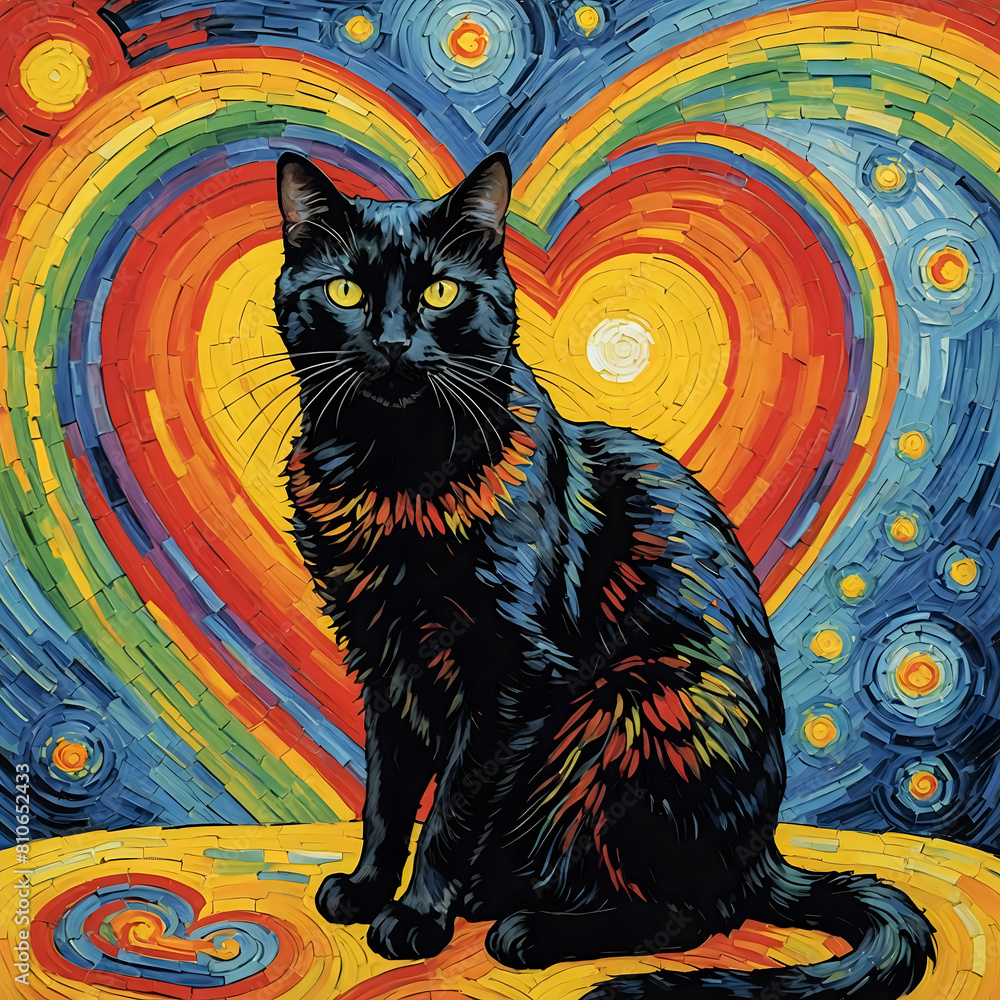 Aufkleber a black cat is sitting in the center of a colorful heart. the cat is looking at the camera with a cu