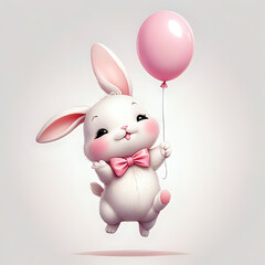 A cartoon rabbit is holding a pink balloon. The rabbit is wearing a pink bow and he is happy
