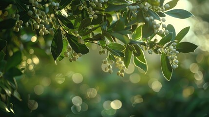 A cluster of mistletoe hanging from a tree branch in a tranquil setting.