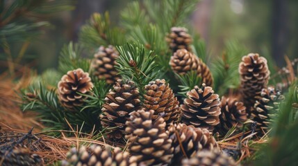 A cluster of pine cones nestled among needles in a pine forest.