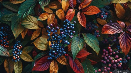 A cluster of berries peeking out from a tangle of vibrant foliage.