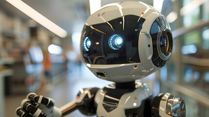 A friendly-looking robot with glowing eyes standing in a modern store, representing retail automation.