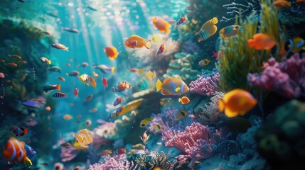 A close-up shot of a vibrant coral reef teeming with colorful fish and sea life.