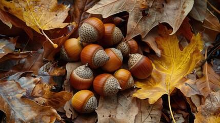 A cluster of acorns nestled in a bed of fallen leaves.