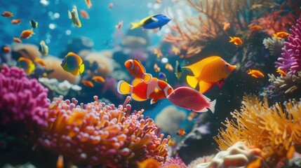 A close-up shot of a vibrant coral reef teeming with colorful fish and sea life.