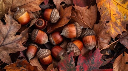 A cluster of acorns nestled in a bed of fallen leaves.