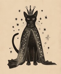 vintage illustration of a royal black cat with a crown and a robe