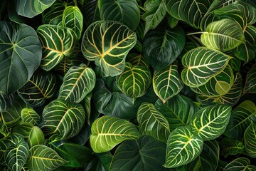 A close-up of intricate tropical plant leaves forming a beautiful bushy arrangement, highlighting the natural patterns and textures.