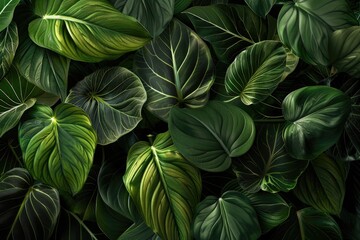 A close-up of intricate tropical plant leaves forming a beautiful bushy arrangement, highlighting the natural patterns and textures.
