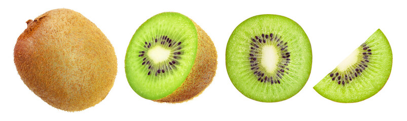 Kiwi with slices collection isolated on white background.