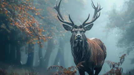 A close-up of a majestic, stag standing in a misty, forest clearing.