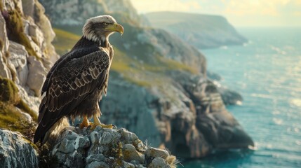 A close-up of a majestic, bald eagle perched on a cliff overlooking the sea. - Powered by Adobe