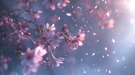A close-up of a delicate, blooming cherry blossom tree, with petals gently falling in the breeze.