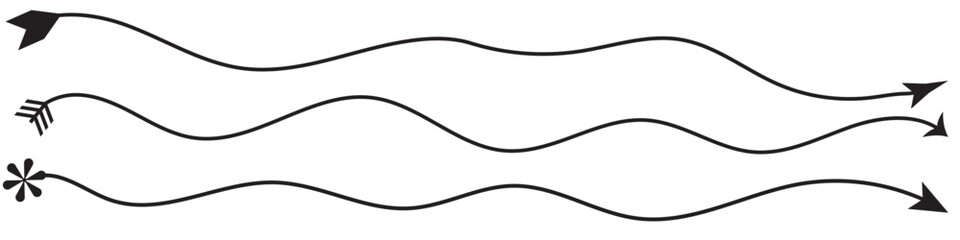 Black straight long arrow in hand drawn style. Arrow shape element pointimg right.3 different arrows. Vector illustration. eps 10