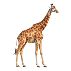 Naklejka premium Image shows a tall giraffe standing on all four legs, looking to the right. The giraffe has tan and brown spots all over its body and a long neck.