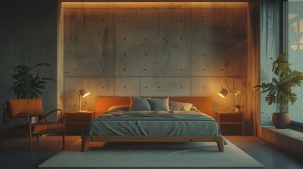 Minimalist Bedroom with Concrete Walls and Ambient Lighting