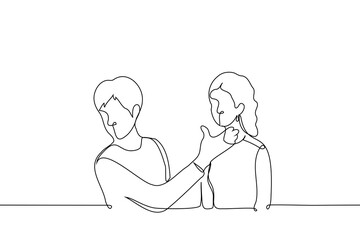 man raised his hand to woman's face - one line art vector. end consultation with a plastic surgeon, makeup artist
