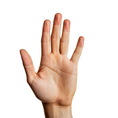 The image shows a hand with the palm facing the viewer. The fingers are spread apart. The hand is held up in the air, as if the person is trying to get someone's attention.
