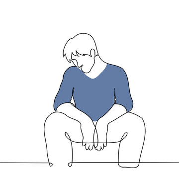 recommend clip art: man sits with his legs spread wide apart, resting his elbows on his hips and lowering his head - one line art vector. concept of fatigue, sadness, apathy, burnout