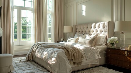 Elegant Classic Bedroom Interior with Soft Neutral Tones and Luxurious Textures