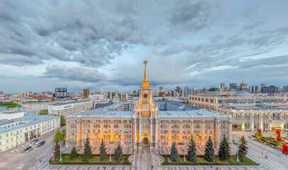 Fototapeta premium Yekaterinburg City Administration or City Hall and Central square at summer evening. Evening city in the summer sunset, Aerial View.