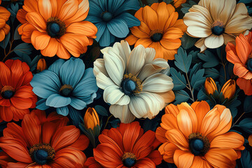 A background of orange, blue and yellow flowers. Created with Ai