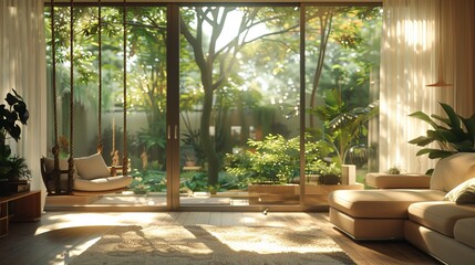 Fototapeta premium Peaceful Living Room with Indoor Swing and Garden View
