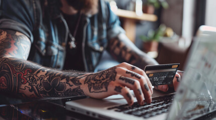 Tattooed young man with credit cards using laptop