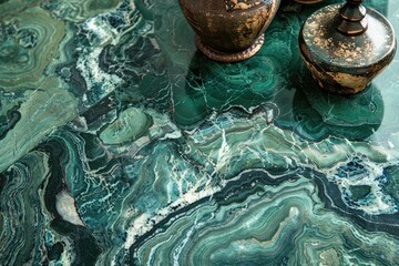 A classic granite countertop with intricate patterns against a rich emerald green backdrop.