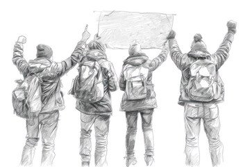 Pencil sketch illustration of a group of people protesting