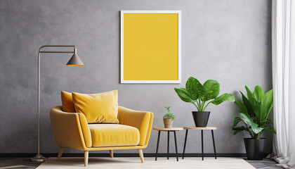 Modern living room indoor design with the scene of a  chair, modern armchair with walls poster mockup