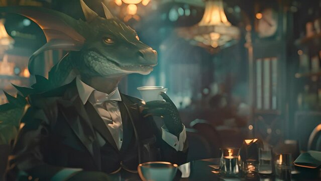 Sophisticated Dragon Enjoying Coffee in Vintage Cafe with Ai generated.
