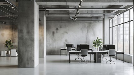 Spacious and stylish modern loft office interior with contemporary furniture and design elements in urban setting