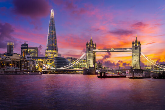 Discover the breathtaking London skyline featuring The Shard, Tower Bridge and River Thames