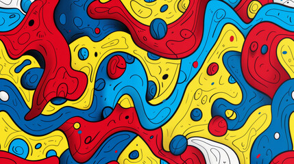 Seamless pattern background pop art in the colors: red, blue, white, black and yellow. 