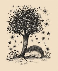 vintage ink illustration of a hedgehog sleeping under a tree