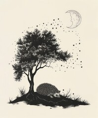vintage ink illustration of a hedgehog sleeping under a tree