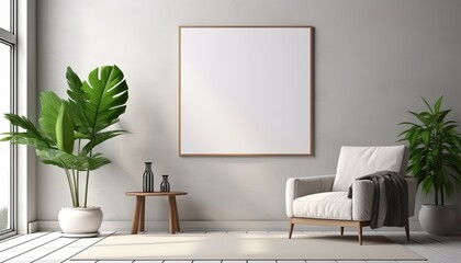 Modern living room indoor design with scene of a white armchair chair with an empty mockup poster and white wall
