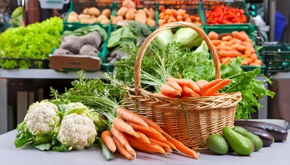 Table filled with assorted fresh vegetables and a basket of carrots