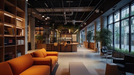 Spacious and stylish modern loft office interior with contemporary furniture and design elements in urban setting