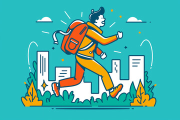 A man with a backpack is running in the city, 2d illustration flat vector simplicity. yellow and blue tone white background.
