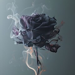 Beautiful Valentine rose flower with a soft fairy tale fog and smoke. Abstract romantic black rose flower.
