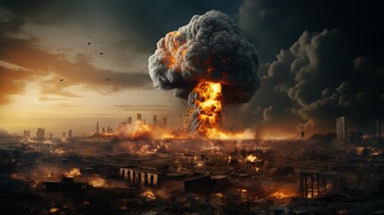 Destroyed city after nuclear blast, apocalypse consequences, high quality stock photo