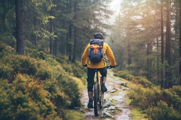 A man rides a bicycle on a mountain forest road