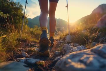 A woman walking along a mountain path, legs in close-up