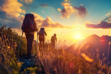 Fototapeta premium Hiking, people walking in the mountains