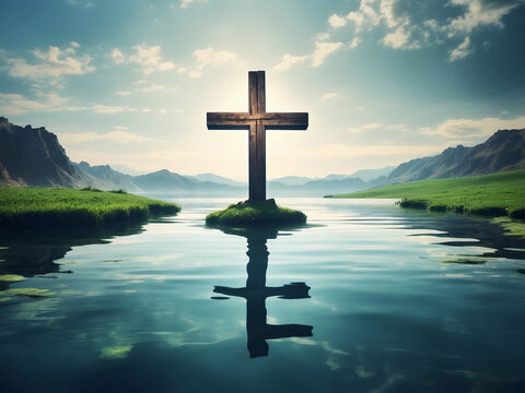 Good friday concept christian cross submerged in a lake