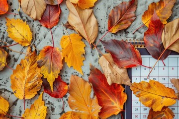 A calendar covered in autumn leaves, blending the concepts of seasonal change with the passage of time.