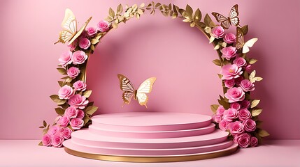 Butterfly podium background pink 3D flower pedestal rose stage cosmetic wedding platform. Background podium gold butterfly arch floral beauty spring presentation shop paper day product mockup
